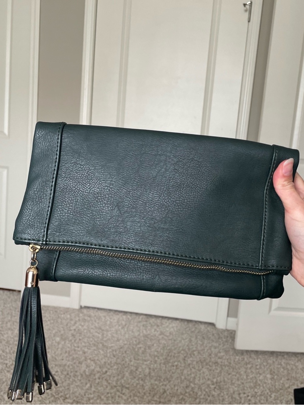 Classic Fold-Over Clutch in Dark Green with Tassel